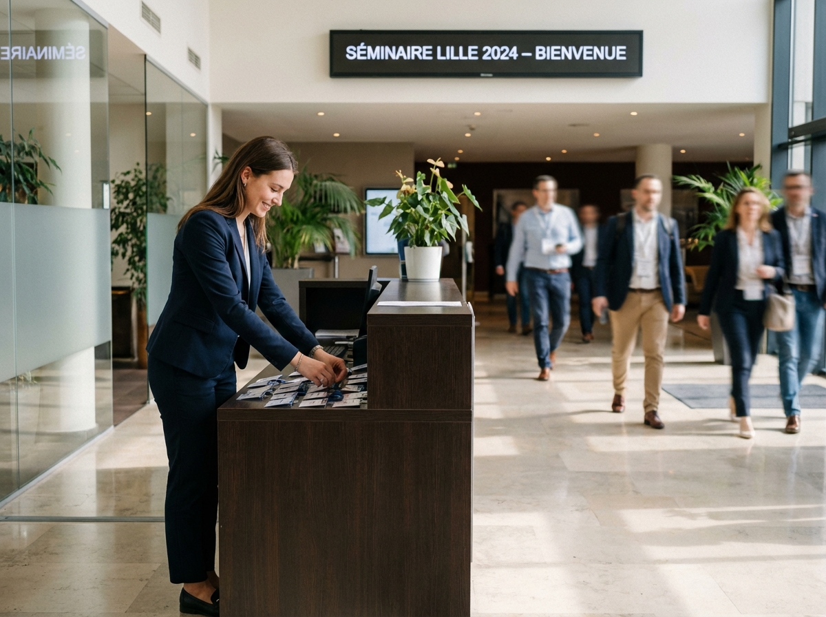 Jeune femme accueillant participants au séminaire Lille
