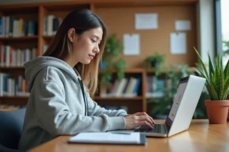 Étudiante connectant son compte edu Normandie sur un ordinateur portable dans une bibliothèque universitaire moderne