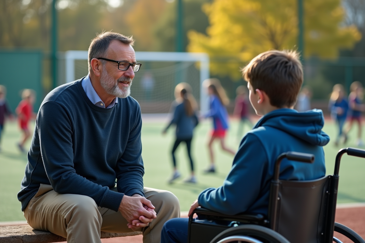 Homme et adolescent en activité scolaire en plein air