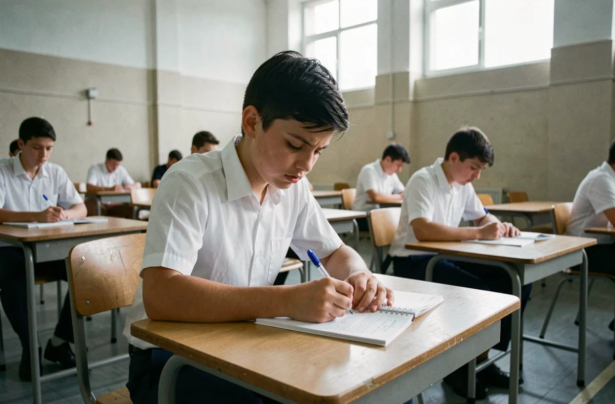 Adolescent passant le Brevet des collèges dans une salle d'examen officielle
