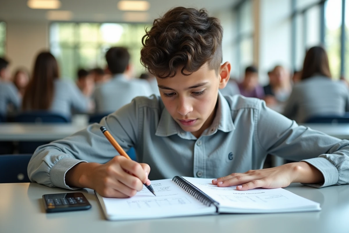 Adolescent comparant ses bulletins scolaires pour calculer sa moyenne pondérée par coefficient
