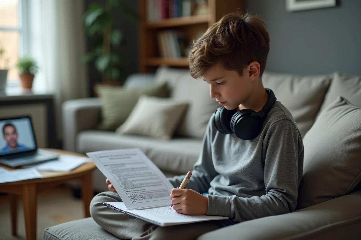 Adolescent suivant un cours en ligne depuis le salon et prenant des notes sur les consignes de son enseignant