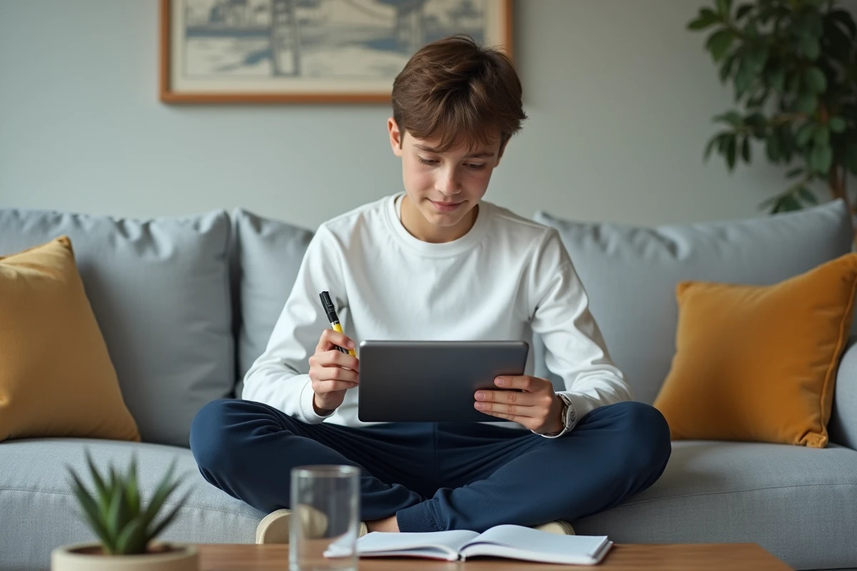 Adolescent révisant seul sur un canapé avec une tablette et un cahier de notes, cadre de salon familial détendu