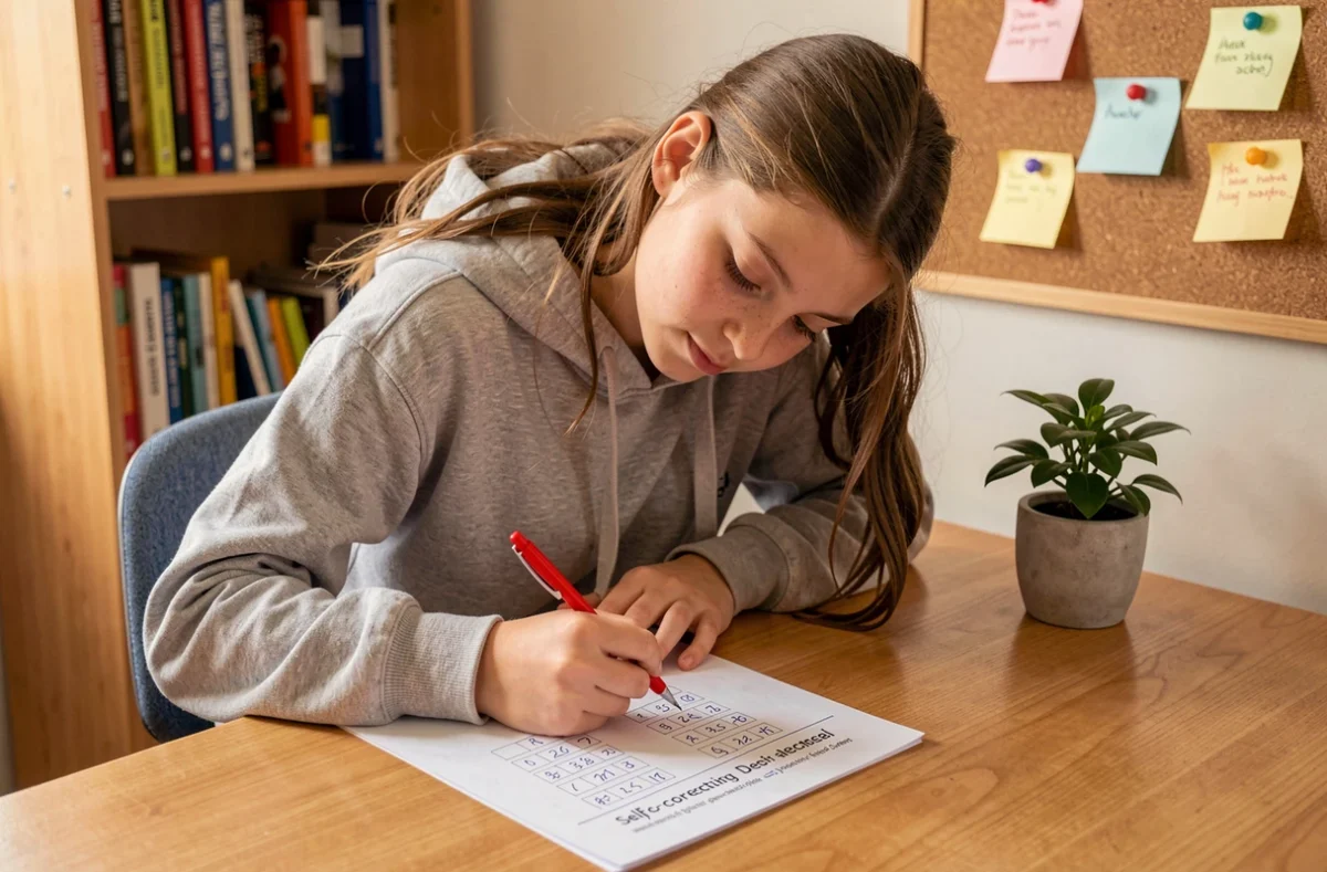 Adolescente corrigeant elle-même ses exercices sur les nombres décimaux à son bureau à la maison