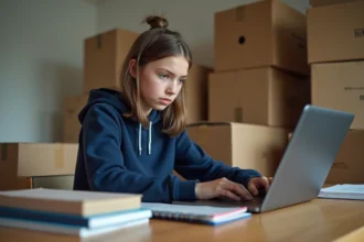 Adolescente connectée à son ENT Auvergne depuis son domicile lors d'un déménagement, entourée de cartons