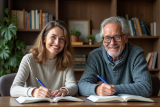 Deux adultes lisent et prennent des notes dans un salon chaleureux