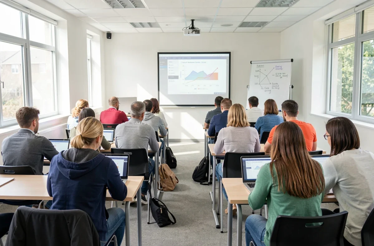 Adultes en formation dans une salle de cours lumineuse