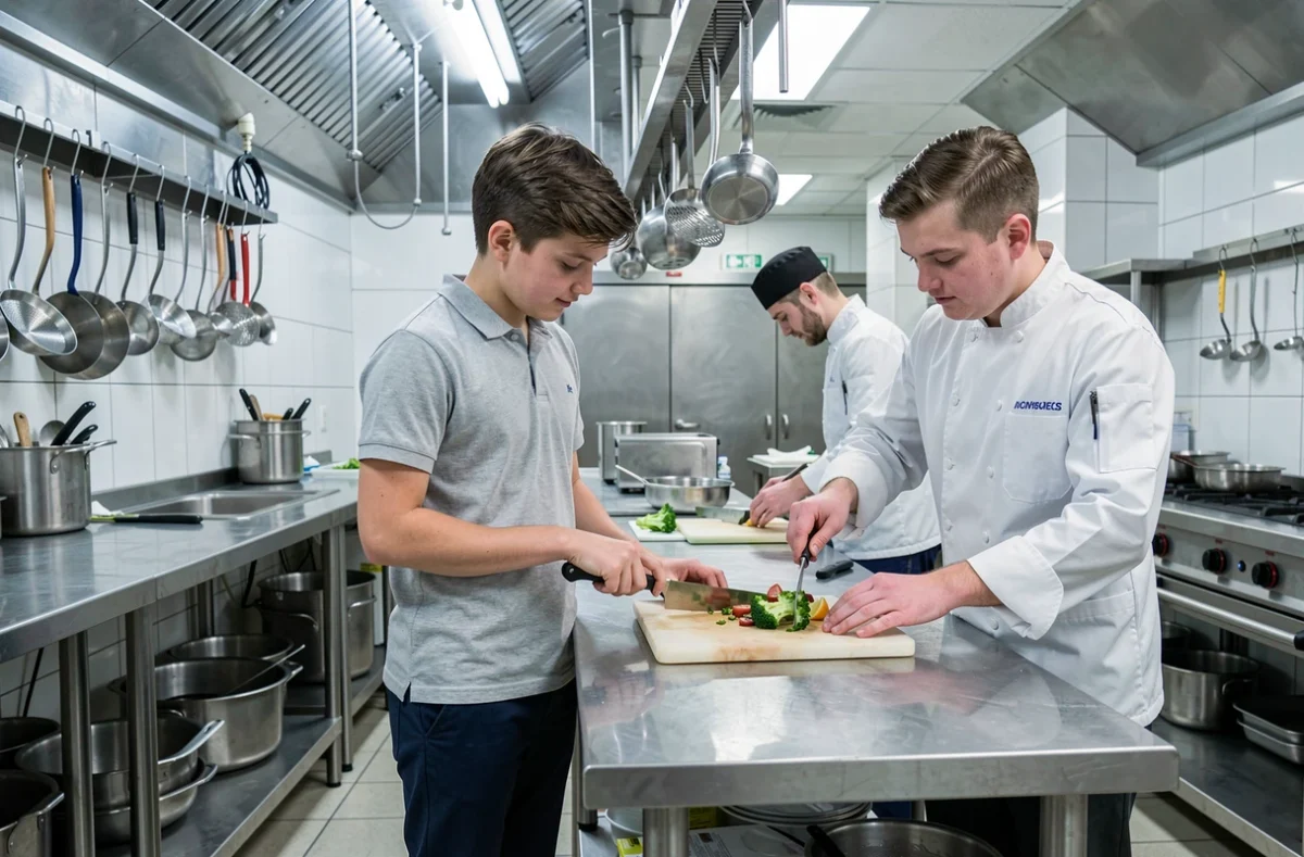 Lycéen en alternance dans une cuisine professionnelle, apprenant les techniques culinaires auprès d'un chef expérimenté