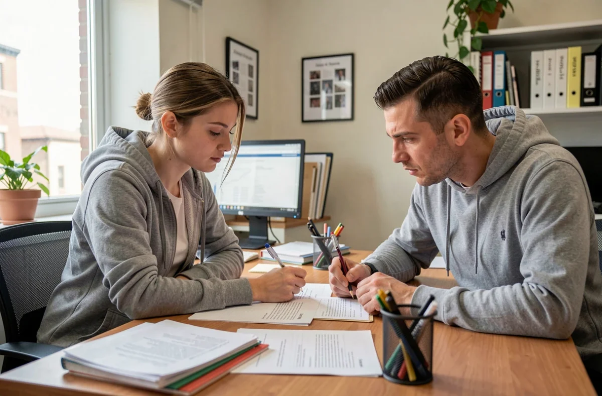 Alternant et tuteur examinant des documents dans un bureau d'entreprise