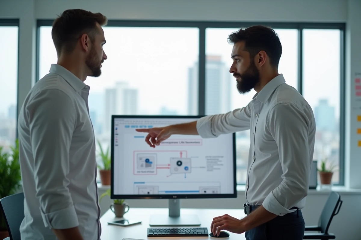 Alternant développeur web en session de mentorat avec son tuteur dans une entreprise tech