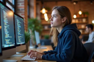 Jeune alternante développeuse web concentrée sur son code dans un open-space moderne