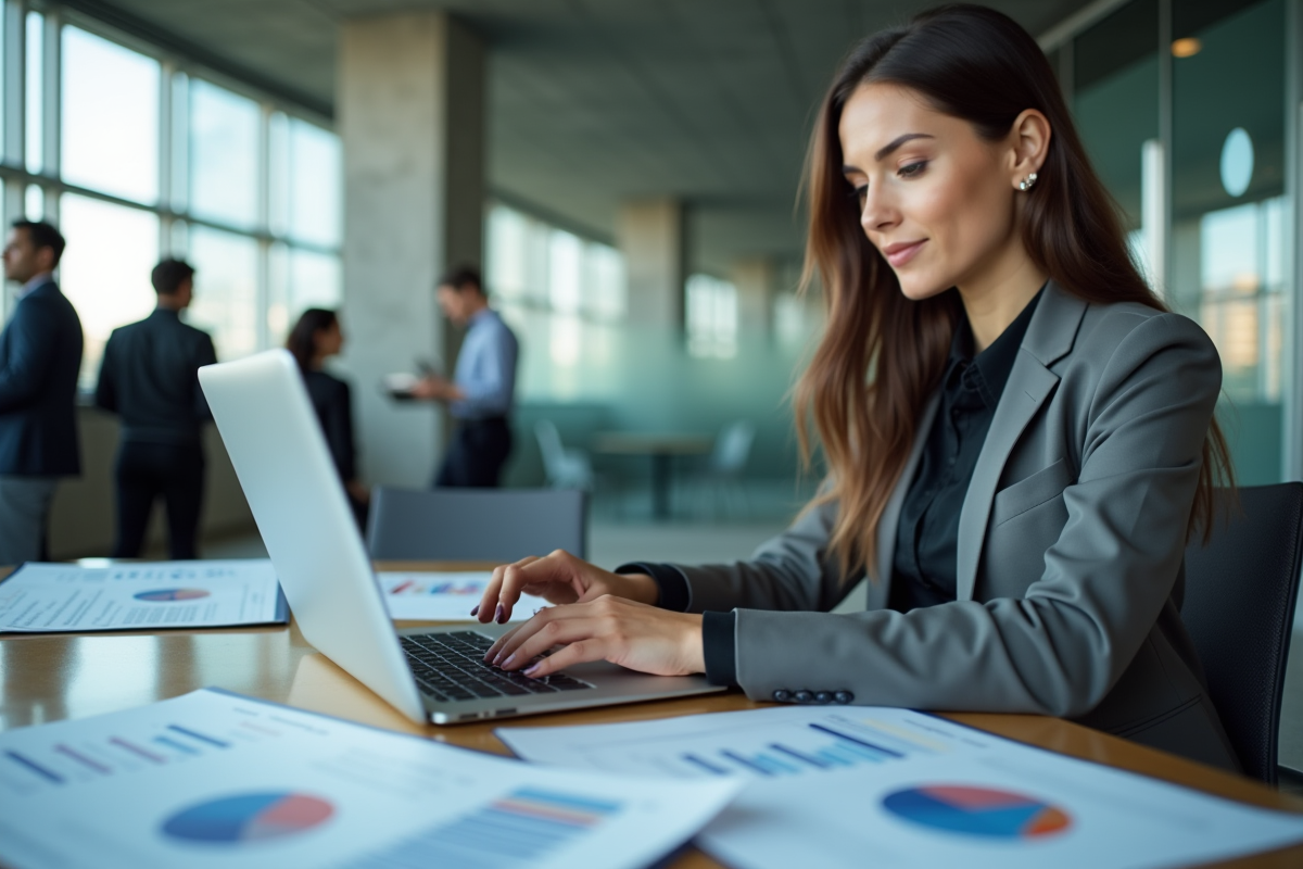 Jeune analyste financier examinant des données sur un ordinateur portable