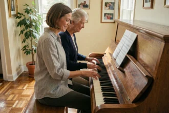 Deux femmes apprenant le piano ensemble dans un salon chaleureux, partageant une partition sur un piano droit
