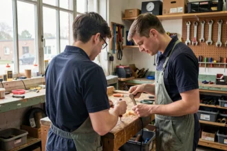 Apprenti en atelier avec son formateur lors d'une formation professionnelle
