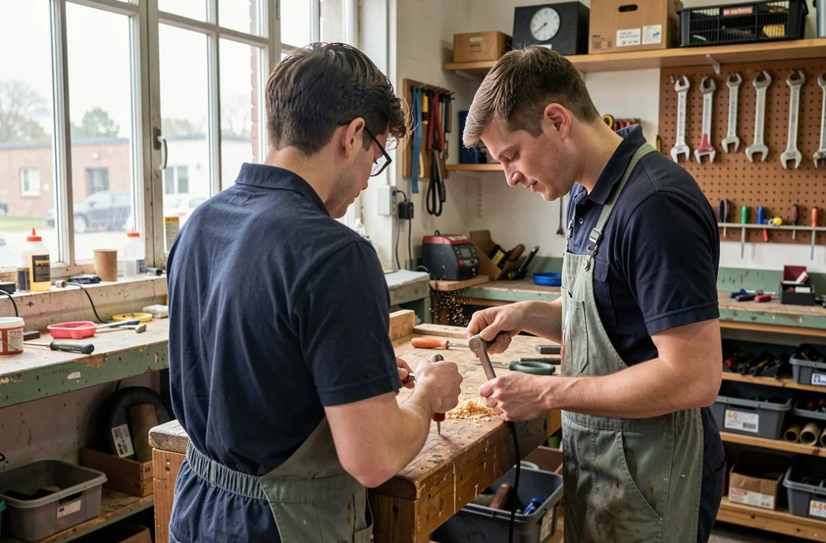 Apprenti en atelier avec son formateur lors d'une formation professionnelle