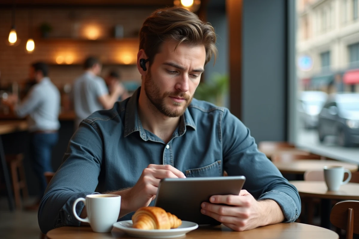 Homme actif suivant un cours en ligne sur tablette dans un café en dehors des heures de travail