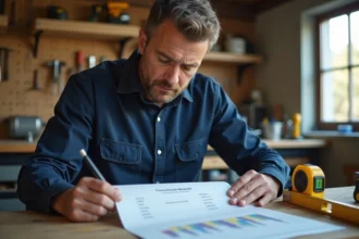 Artisan bricoleur comparant des certificats de formation bricolage sur un établi en bois dans un atelier domestique