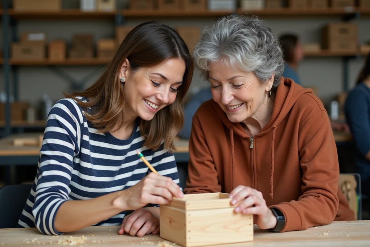 Deux femmes apprenant le bricolage ensemble lors d'un atelier débutant en communauté