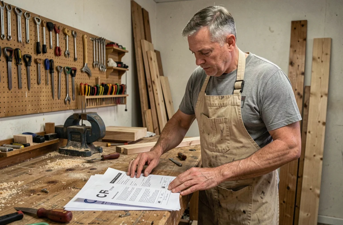 Homme dans un atelier de bricolage consultant des documents de financement CPF pour une formation maformationbrico sur un établi en bois