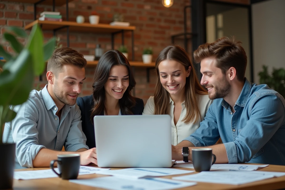 Équipe commerciale en atelier pratique de social selling autour d'un ordinateur portable dans un espace coworking