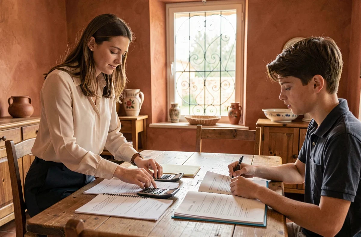Une auto-entrepreneuse en cours particuliers préparant sa séance de soutien scolaire chez un élève en Nouvelle-Aquitaine