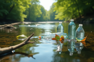 Déchets plastiques et feuilles flottant sur une rivière calme