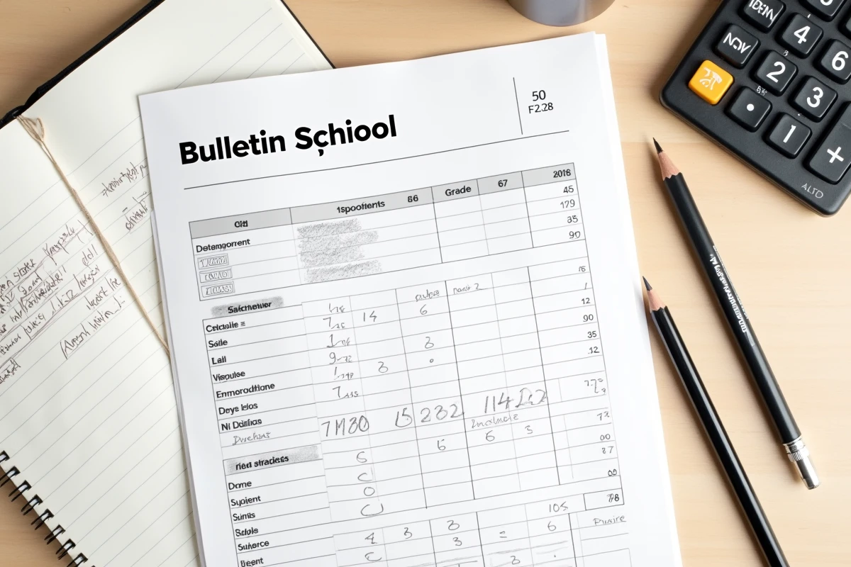 Vue du dessus d'un bulletin scolaire avec calculs de moyenne et coefficients écrits à la main dans un cahier