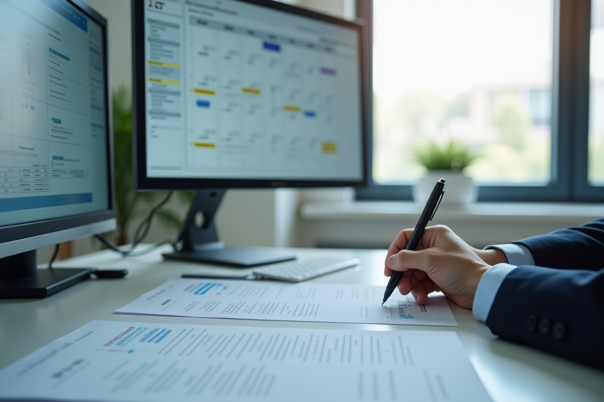 Bureau administratif avec documents et calendrier digital