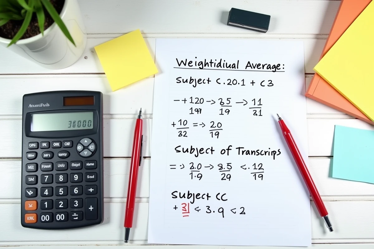 Vue aérienne d'un bureau étudiant avec calculatrice et feuille de calcul de moyenne avec coefficients pour les partiels