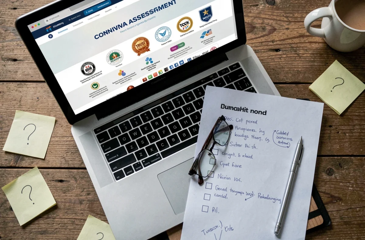 Vue aérienne d'un bureau avec ordinateur portable affichant un site de test QI, liste de critères annotée et lunettes de lecture pour évaluer la fiabilité du test