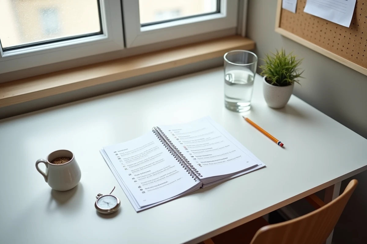 Bureau à domicile organisé comme une salle d'examen pour s'entraîner aux tests psychotechniques avec un livret d'exercices et un chronomètre