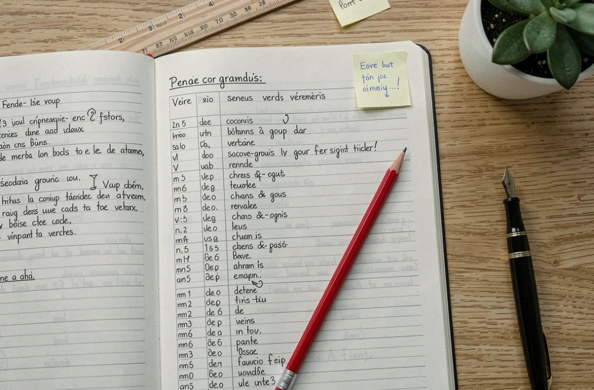 Vue aérienne d'un cahier de conjugaison ouvert avec un tableau des verbes du 2ème groupe écrits à la main sur une table en bois