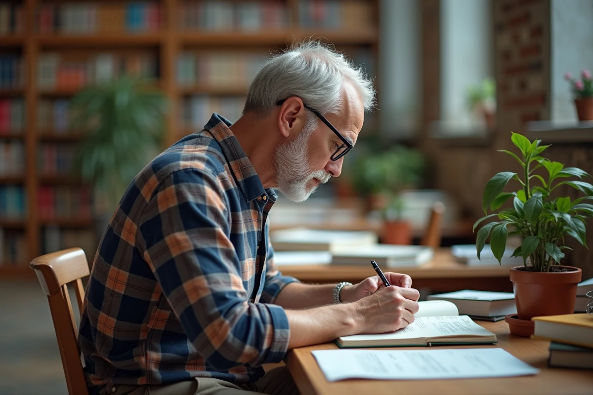 Chercheur expérimenté prenant des notes dans une bibliothèque