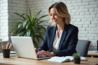 Coach consultante analysant sa séquence d'emailing marketing sur un ordinateur portable dans un bureau moderne