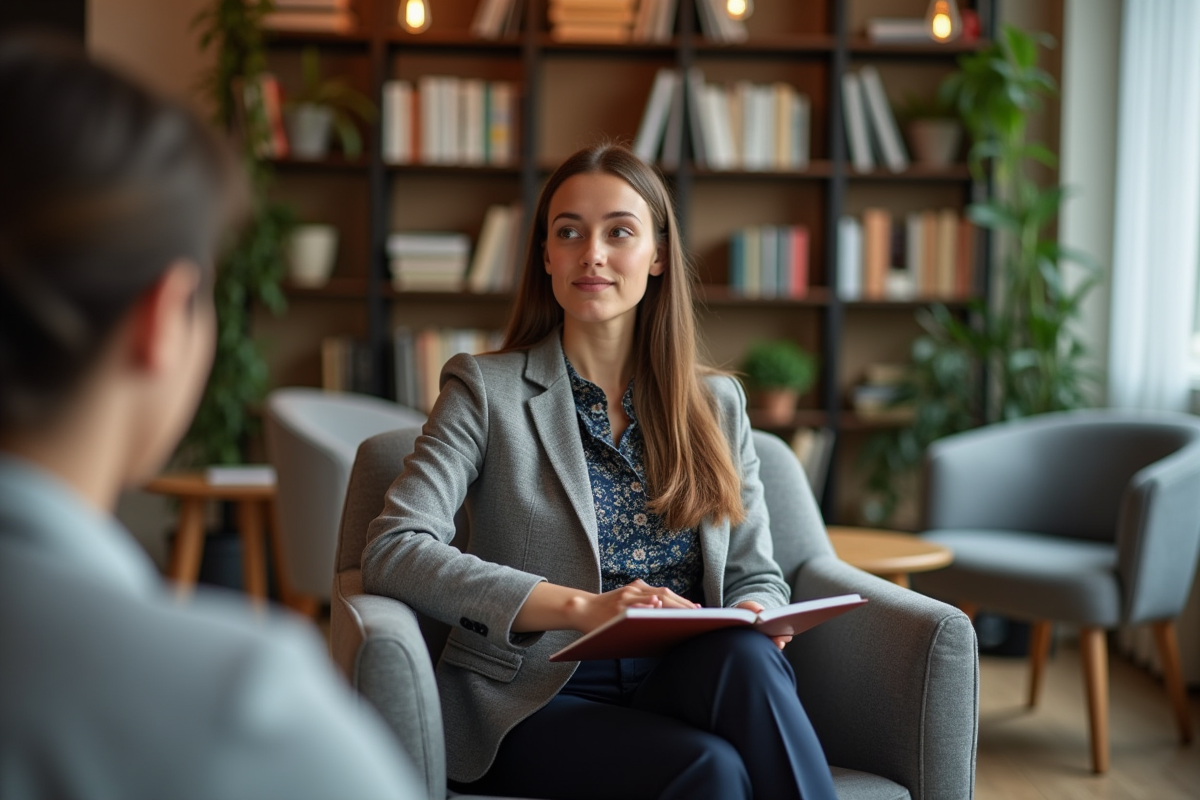 Coach professionnel en discussion avec une cliente dans un espace de coworking