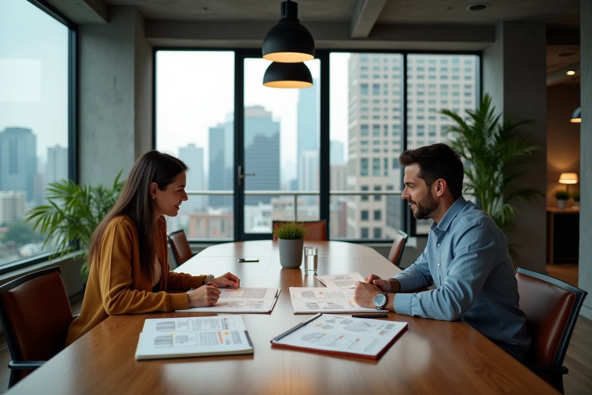 Deux coachs collaborant sur des séquences d'emailing et offres premium autour d'une table dans un espace de coworking