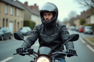 Jeune homme en équipement moto assis sur une 125cc dans une rue urbaine française, illustrant la conduite avec le permis B, A1 ou AM