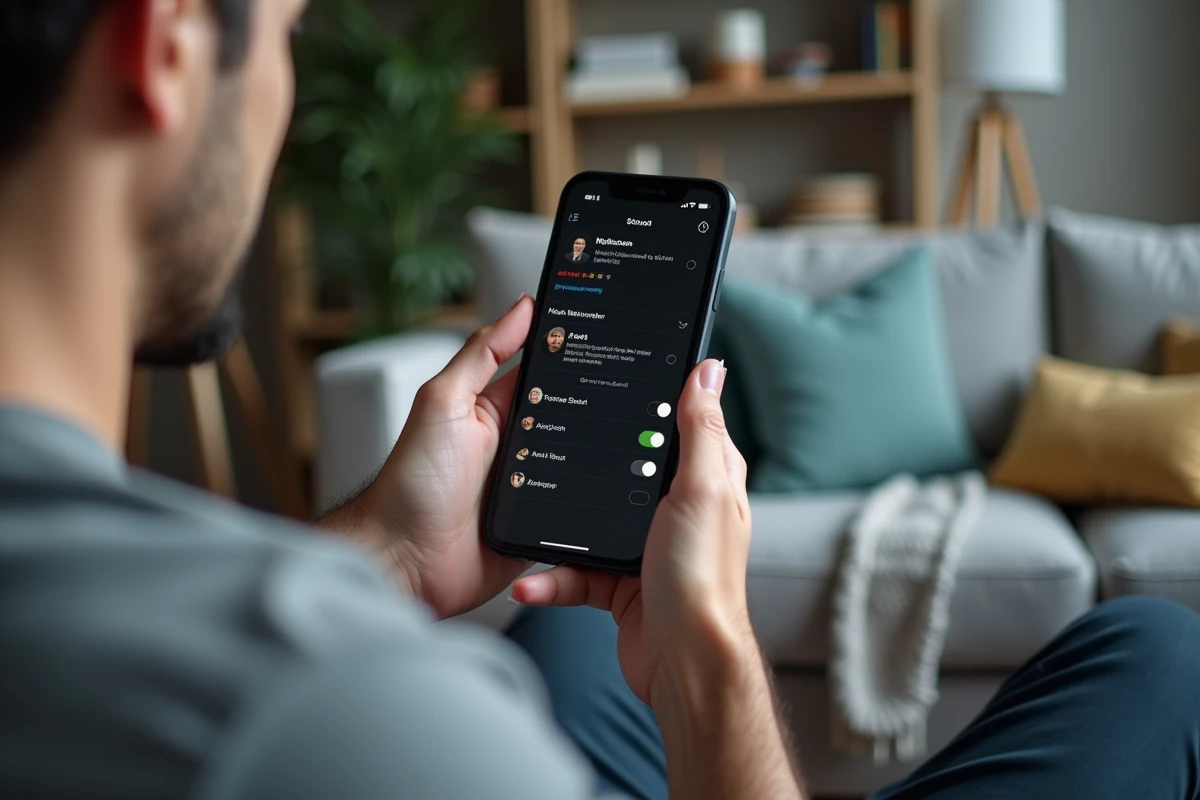 Utilisateur configurant les notifications de rentrée sur l'application maclasse.fr depuis son smartphone dans un salon