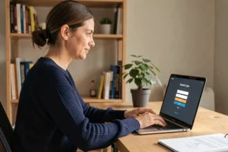 Femme se connectant à l'intranet académique depuis son bureau à domicile de manière sécurisée