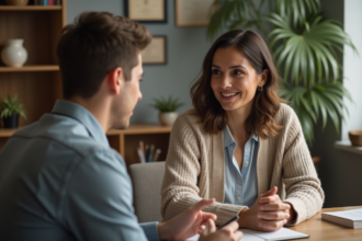 Femme en entretien de conseil carrière avec un jeune homme