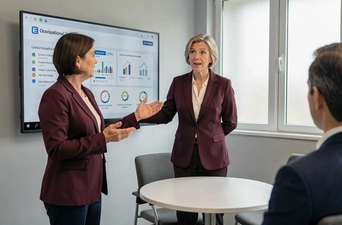 Conseillère Pôle Emploi présentant une fiche métier mise à jour sur écran numérique lors d'un entretien d'orientation professionnelle