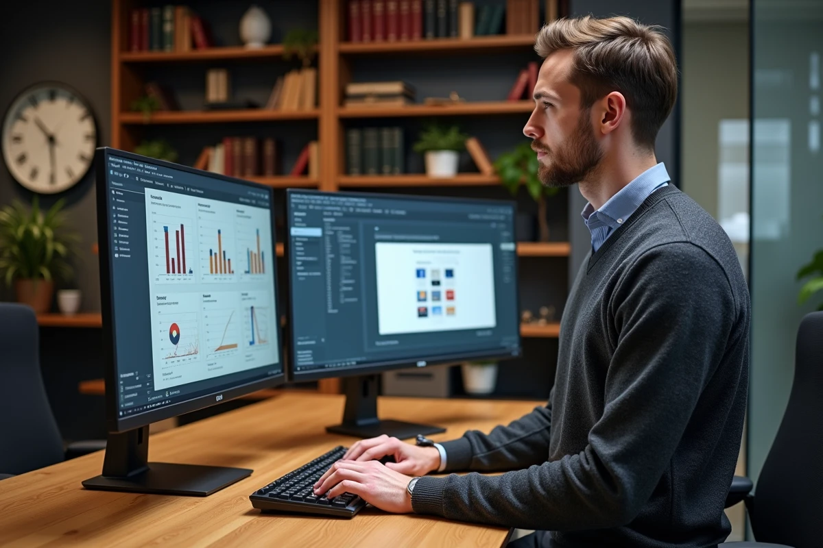 Consultant masculin configurant des séquences email premium sur double écran dans un bureau professionnel haut de gamme