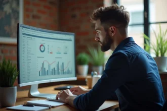 Consultant SEO expert Julien Fournari analysant des données de référencement sur un écran dans un bureau moderne