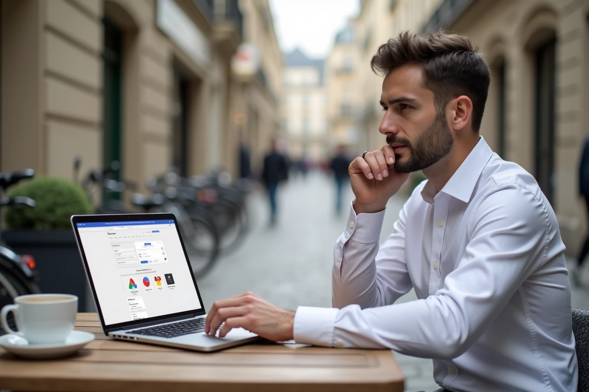 Consultant SEO freelance travaillant sur Google Search Console depuis une terrasse de café parisien