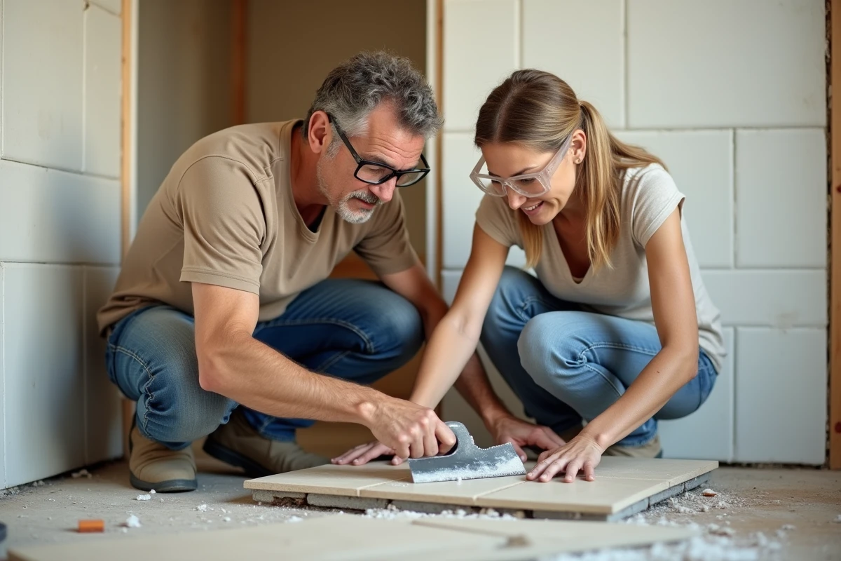 Couple en formation CPF bricolage posant des carrelages ensemble dans une cuisine en cours de rénovation