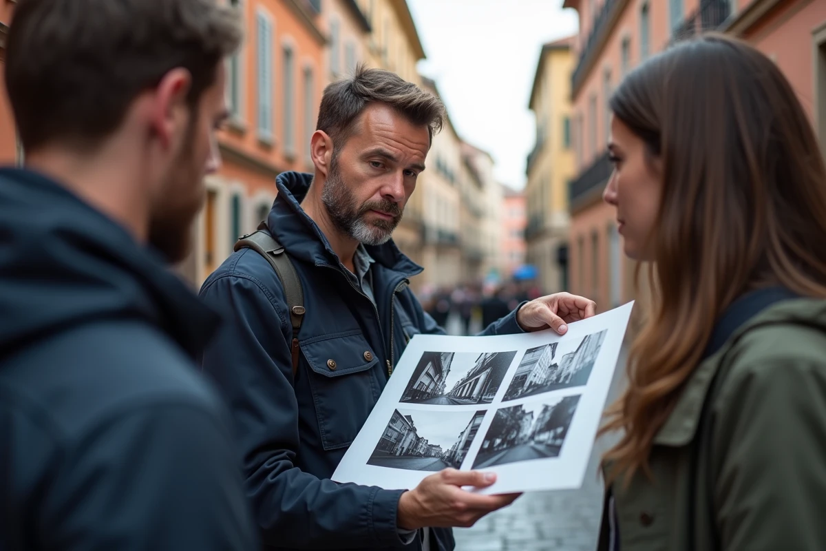 Professeur de photographie donnant un cours en extérieur devant l'architecture typique de Toulouse
