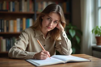 Jeune femme corrigeant des erreurs d'anglais dans un cahier de grammaire à son bureau à domicile
