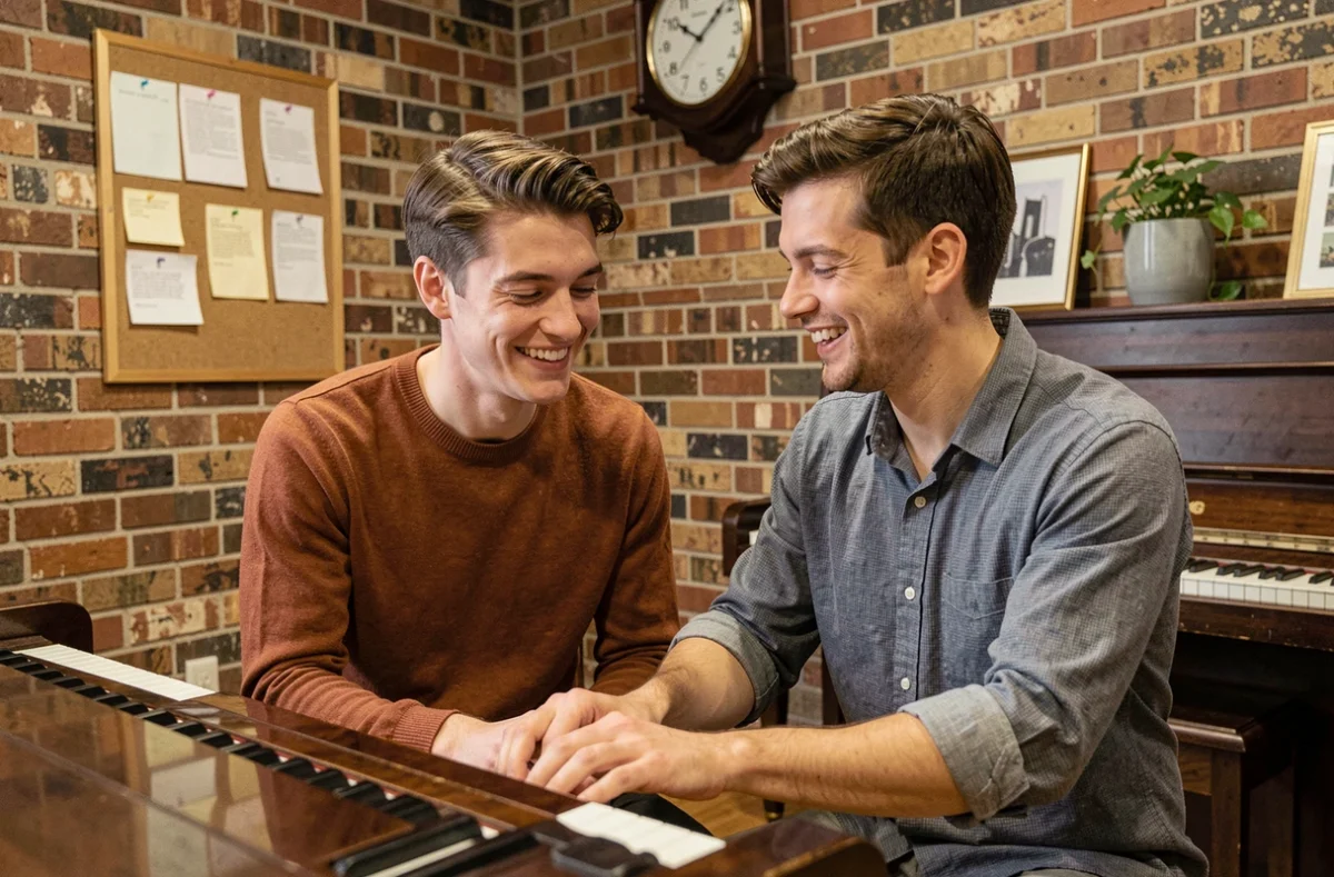 Deux jeunes hommes apprenant le piano ensemble dans une salle de répétition vintage, riant en corrigeant une position de main