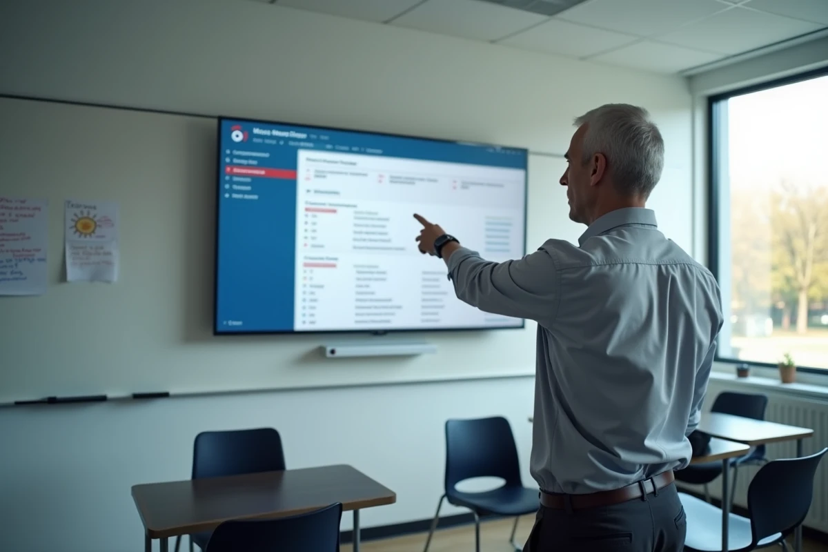 Directeur d'école présentant une interface de gestion centralisée LSU sur grand écran dans une salle administrative