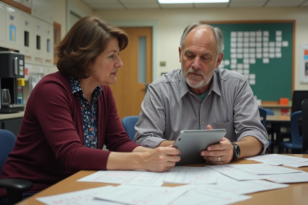 Deux directeurs d'école collaborant sur des bulletins scolaires et une tablette dans une salle des maîtres